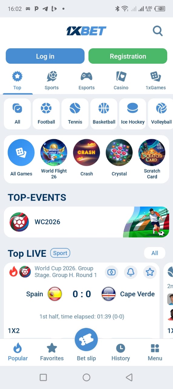 1XBET — Page d'accueil avec bouton Registration
