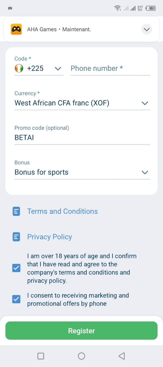 1XBET — Formulaire d'inscription avec champ code promo