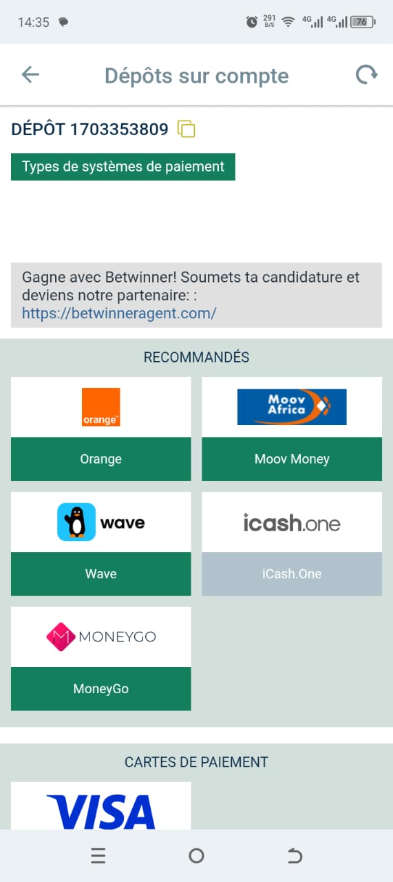 BetWinner — Page de dépôt avec méthodes de paiement