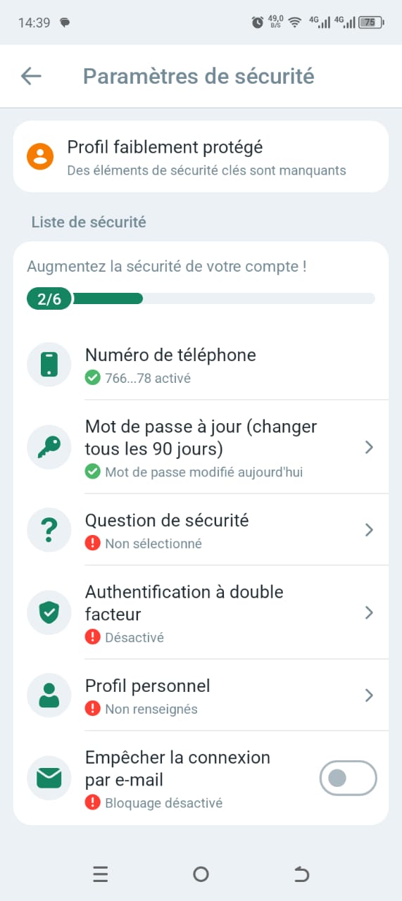 Paramètres de sécurité du compte — complétez votre profil