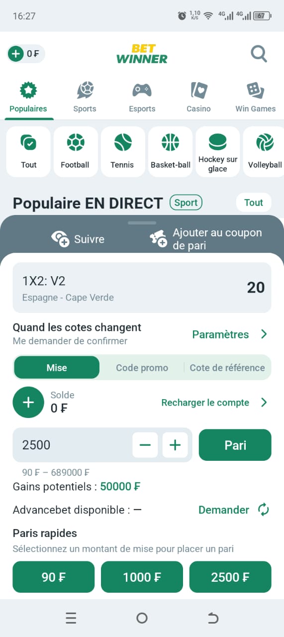 BetWinner — Coupon de pari avec mise 2 500 F et gains potentiels 50 000 F