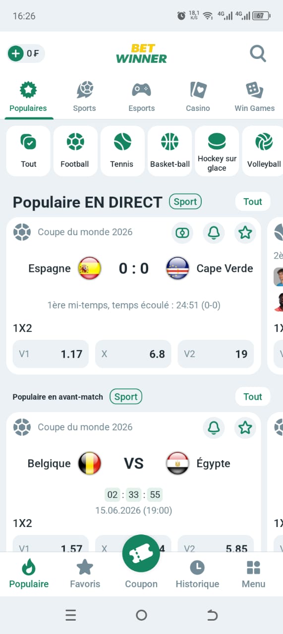 BetWinner — Sélection d'un match avec cotes 1X2